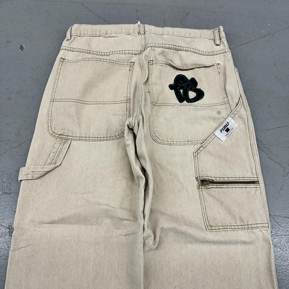 Vintage FUBU Jeans Mens 36x30 Beige Wide Leg Relaxed Fit Carpenter Denim USA 90s - Picture 2 of 14